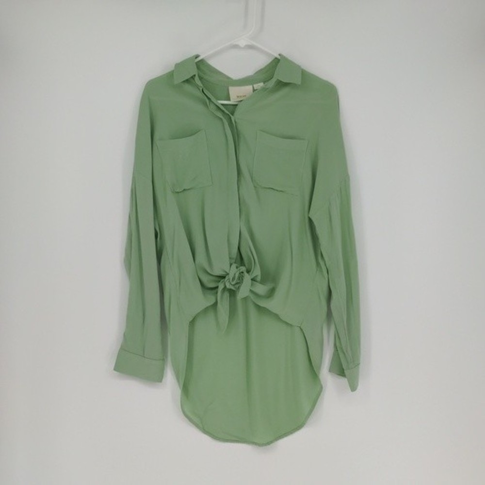 Maeve Light Green Button-Front Tie Hem Blouse